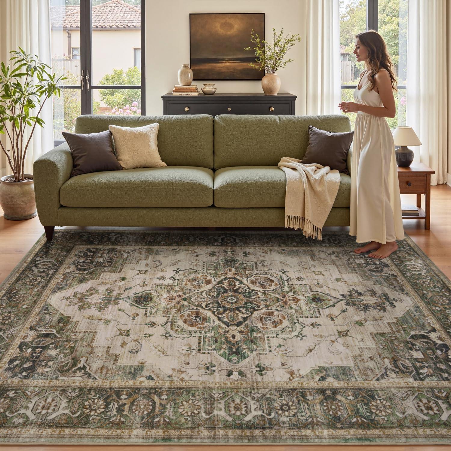 imagePADOORArea Rug 5X7 Rugs for Living RoomVintage Soft Green Rugs for BedroomMachine Washable Non Slip Rug for Dining Room Living Room Bedroom OfficeGreen