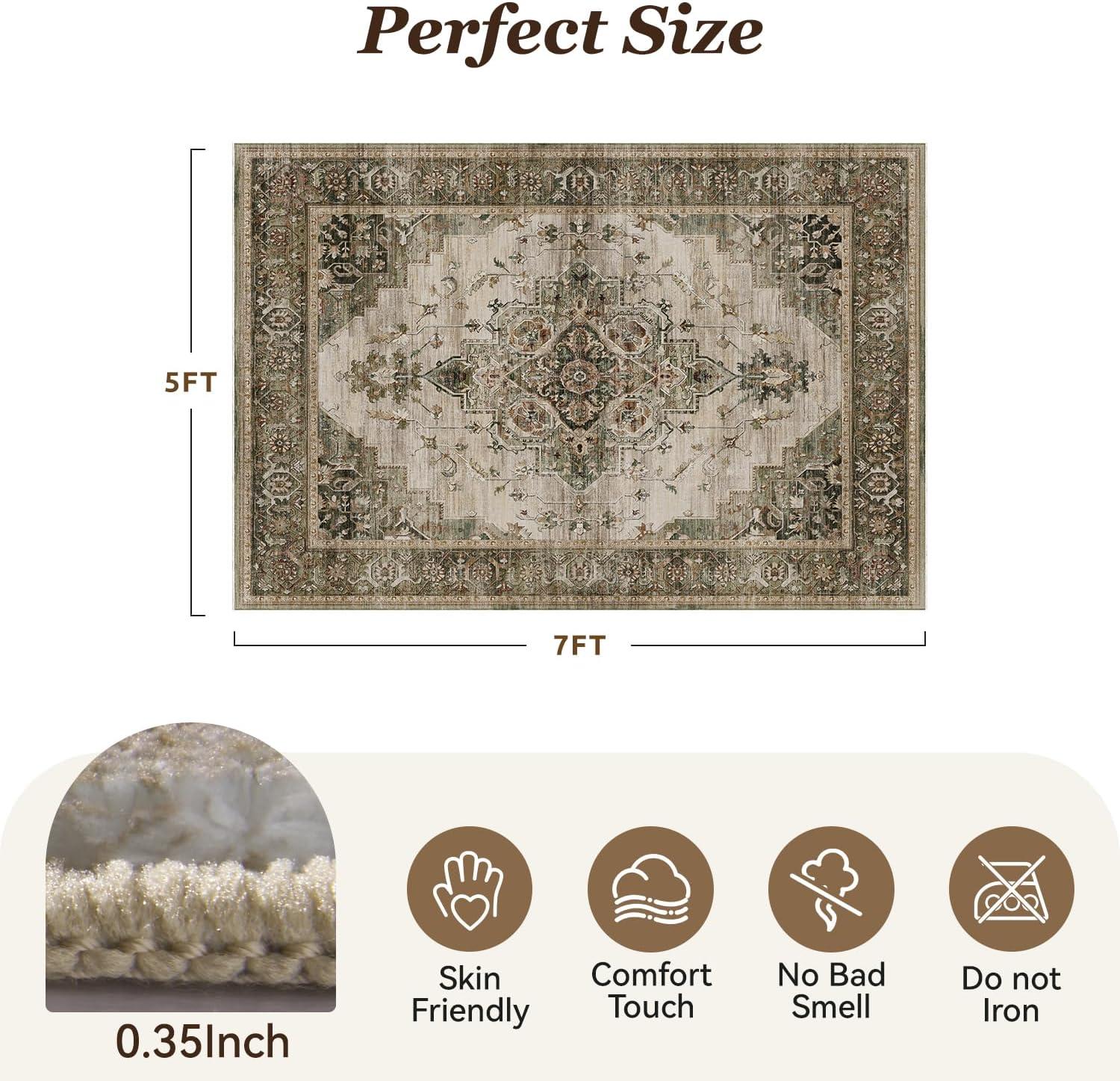 imagePADOORArea Rug 5X7 Rugs for Living RoomVintage Soft Green Rugs for BedroomMachine Washable Non Slip Rug for Dining Room Living Room Bedroom OfficeGreen