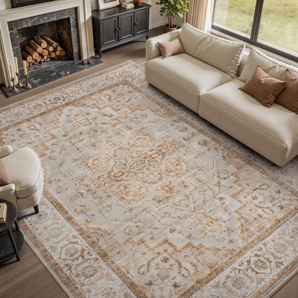 imagePADOORArea Rug 5X7 Rugs for Living RoomVintage Soft Green Rugs for BedroomMachine Washable Non Slip Rug for Dining Room Living Room Bedroom OfficeBeige