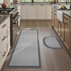 imagePADOOR Non Slip Kitchen Rugs Sets of 2  Extra Large 25x6  20quotx32quot Runner Rugs for Kitchen Floor Non Skid Washable Absorbent Kitchen Mat for in Front of Sink 2 Piece Dark BrownGrey  Rectangular  Semicircular
