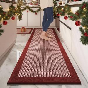 imagePADOOR Non Slip Kitchen Rugs Sets of 2  Extra Large 25x6  20quotx32quot Runner Rugs for Kitchen Floor Non Skid Washable Absorbent Kitchen Mat for in Front of Sink 2 Piece Dark BrownRed