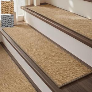 imagePADOOR Tufted Stair Landing Rug Non Slip Indoor Peel and Stick Stair Treads for Wooden Steps Square Stair Landing Mat Washable Soft Carpet Stair Treads Reusable for Kids Pets Elders 31quotx31quot GreyBeige